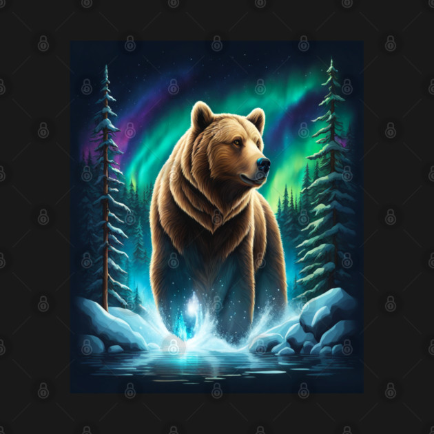 Grizzly Bear Standing Proud With Borealis Behind Him, Lake, Trees, Forests by BirdsnStuff