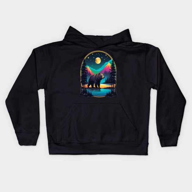 Grizzly Bear Standing Proud On A Lake With Starry Night Kids Hoodie by BirdsnStuff