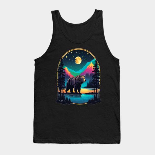 Grizzly Bear Standing Proud On A Lake With Starry Night Tank Top by BirdsnStuff