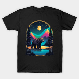 Grizzly Bear Standing Proud On A Lake With Starry Night T-Shirt