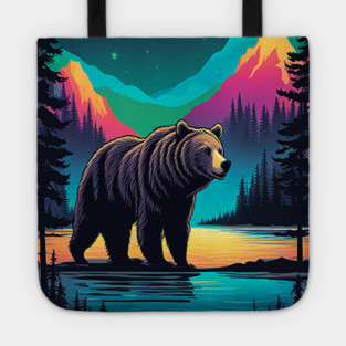 Grizzly Bear Standing Proud On A Lake With Starry Night Tote