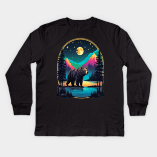Grizzly Bear Standing Proud On A Lake With Starry Night Kids Long Sleeve T-Shirt