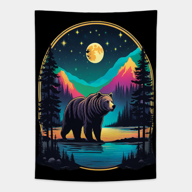 Grizzly Bear Standing Proud On A Lake With Starry Night Tapestry by BirdsnStuff