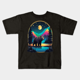 Grizzly Bear Standing Proud On A Lake With Starry Night Kids T-Shirt