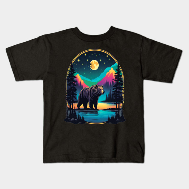 Grizzly Bear Standing Proud On A Lake With Starry Night Kids T-Shirt by BirdsnStuff