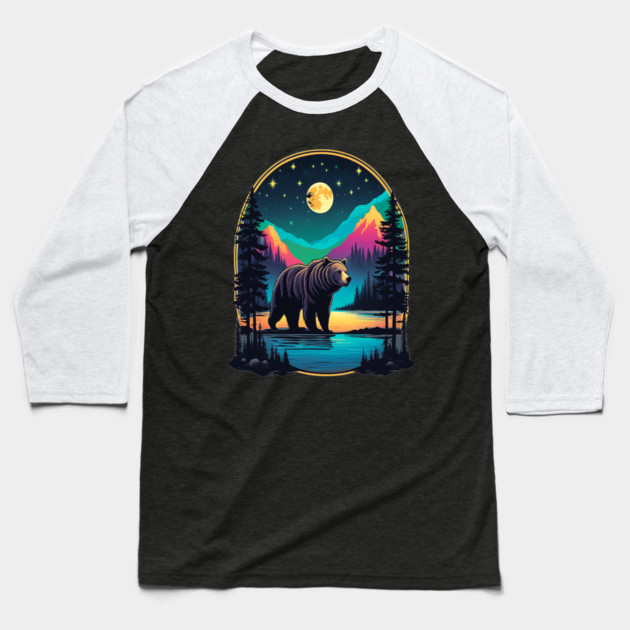 Grizzly Bear Standing Proud On A Lake With Starry Night Baseball T-Shirt by BirdsnStuff