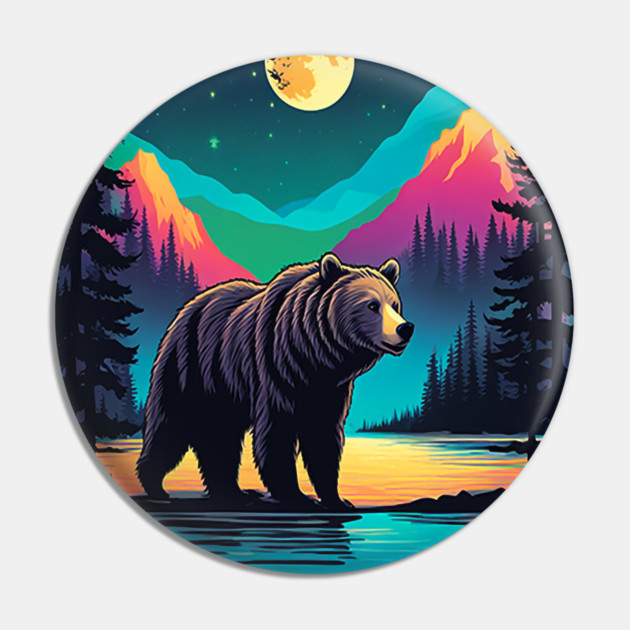 Grizzly Bear Standing Proud On A Lake With Starry Night Pin by BirdsnStuff