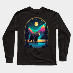 Grizzly Bear Standing Proud On A Lake With Starry Night Long Sleeve T-Shirt