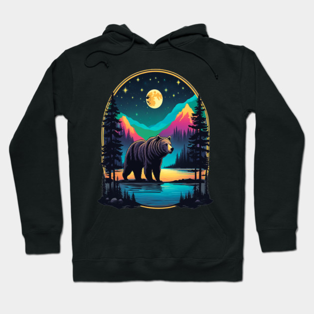 Grizzly Bear Standing Proud On A Lake With Starry Night Hoodie by BirdsnStuff