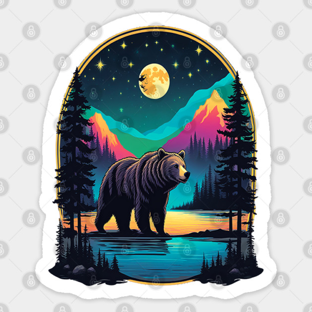 Grizzly Bear Standing Proud On A Lake With Starry Night Sticker by BirdsnStuff