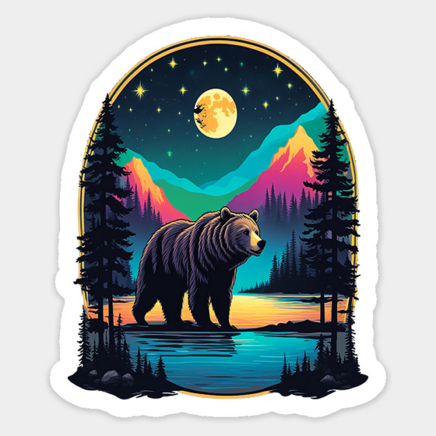 Grizzly Bear Standing Proud On A Lake With Starry Night Magnet by BirdsnStuff