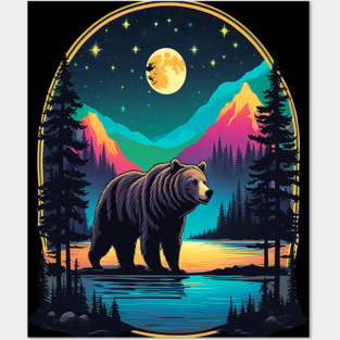 Grizzly Bear Standing Proud On A Lake With Starry Night Posters and Art