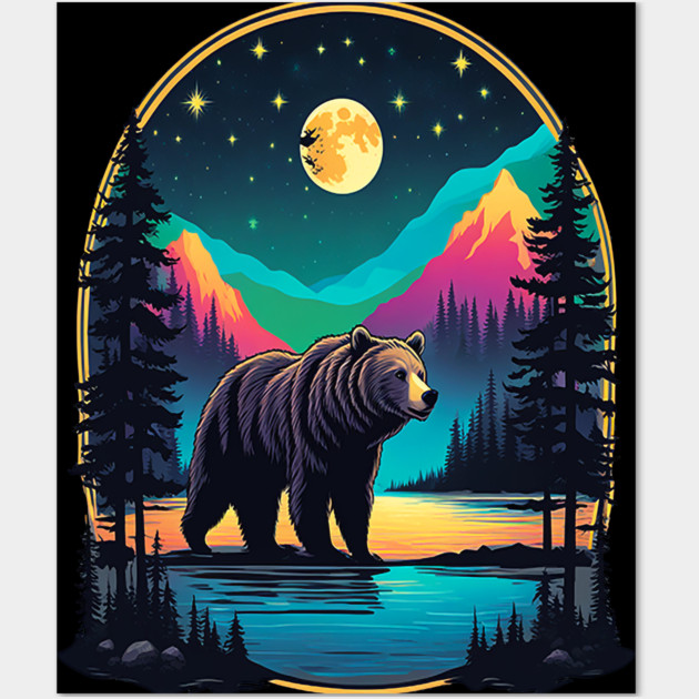 Grizzly Bear Standing Proud On A Lake With Starry Night Wall Art by BirdsnStuff
