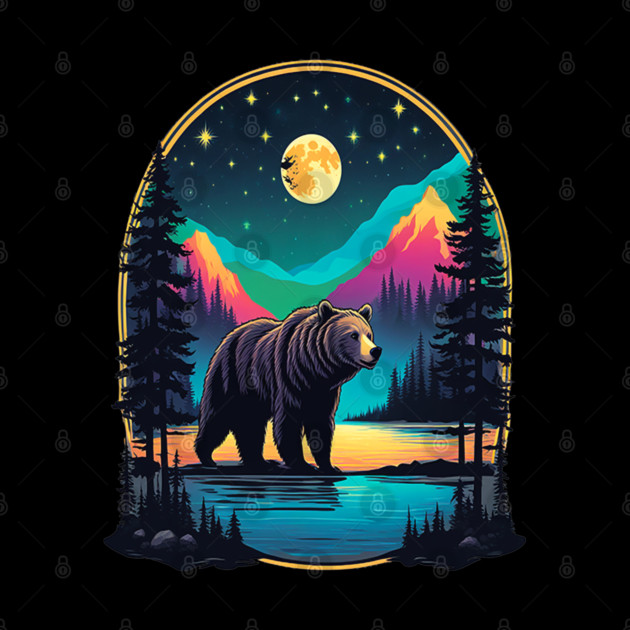 Grizzly Bear Standing Proud On A Lake With Starry Night by BirdsnStuff