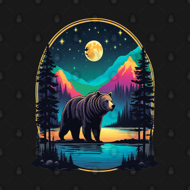 Grizzly Bear Standing Proud On A Lake With Starry Night by BirdsnStuff