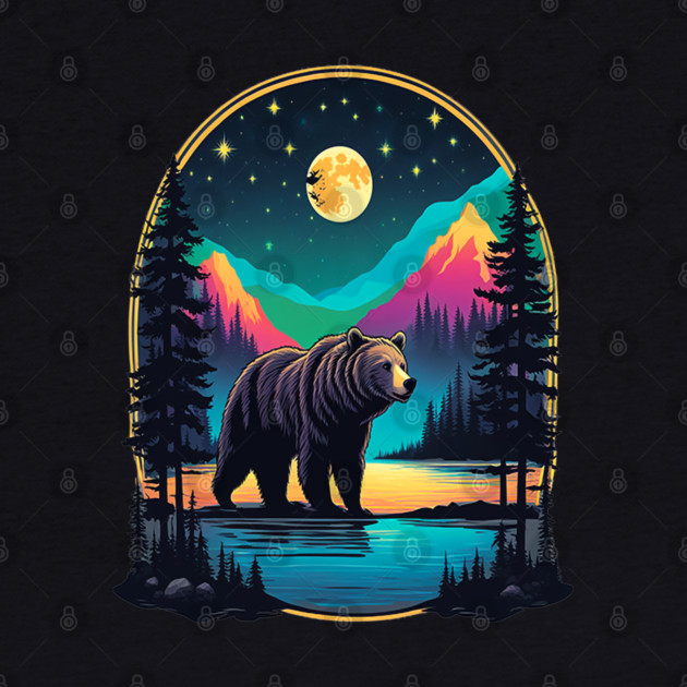 Grizzly Bear Standing Proud On A Lake With Starry Night by BirdsnStuff
