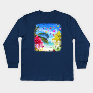 Tropical Beach and Exotic Plumeria Flowers Kids Long Sleeve T-Shirt