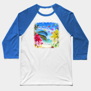 Tropical Beach and Exotic Plumeria Flowers Baseball T-Shirt