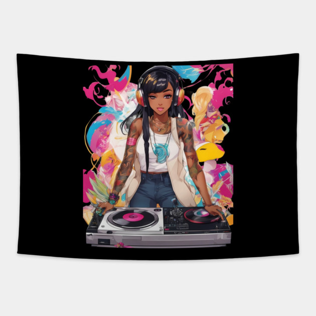 Pulsating Beats DJ Techno Raves Girl Tapestry by animegirlnft