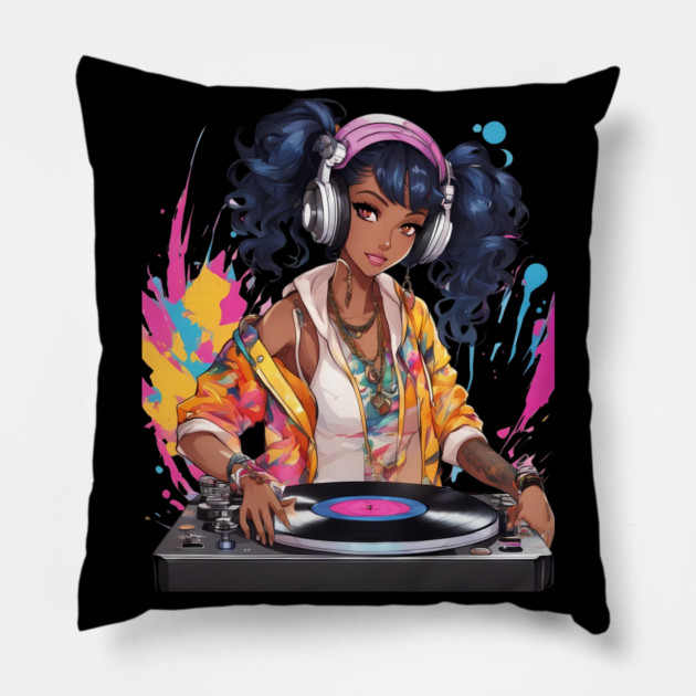 Euphoric Frequencies Trance Parties DJ Girl Pillow by animegirlnft