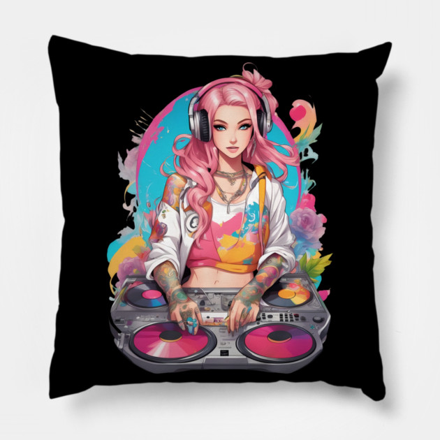 Underground Rave Party DJ Girl Pillow by animegirlnft