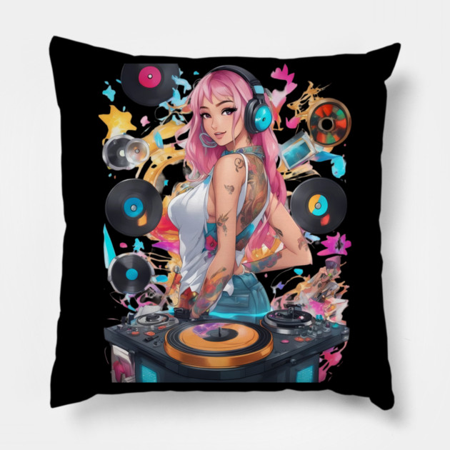 Djing TechnoRave Revolution Girl Pillow by animegirlnft