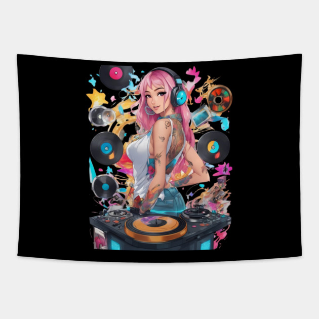 Djing TechnoRave Revolution Girl Tapestry by animegirlnft