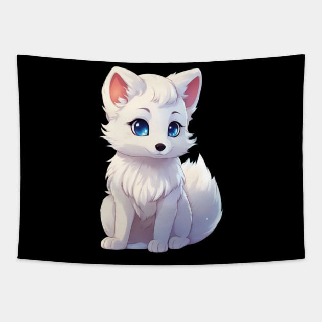 Playful Frosty Baby Arctic Fox Tapestry by animegirlnft