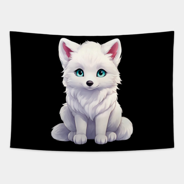 Snowy Snuggles Arctic Fox Pup Tapestry by animegirlnft