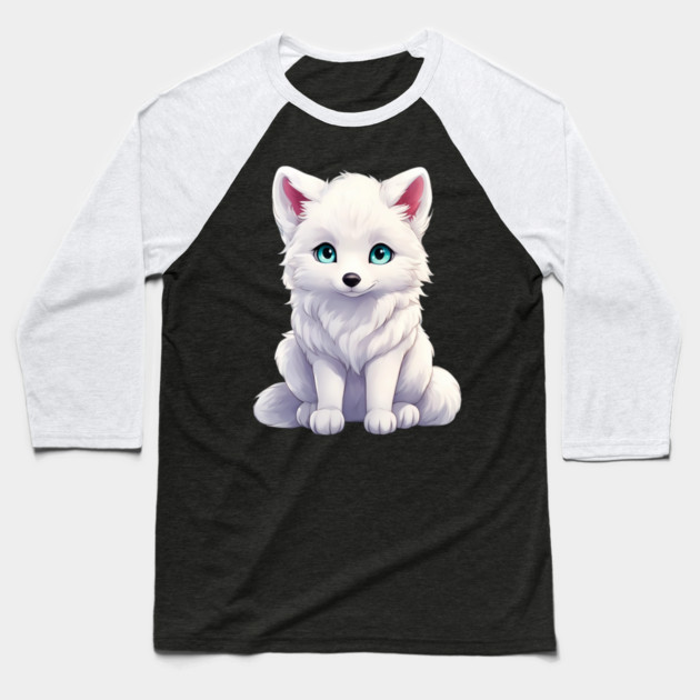 Snowy Snuggles Arctic Fox Pup Baseball T-Shirt by animegirlnft