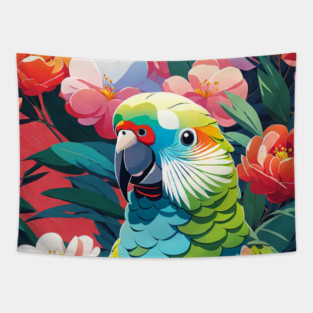 Petal Perch Parakeet, Parakeet in front of vibrant floral background Tapestry