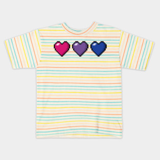Row of Three Bisexual Pride Flag Pixel Hearts Kids T-Shirt