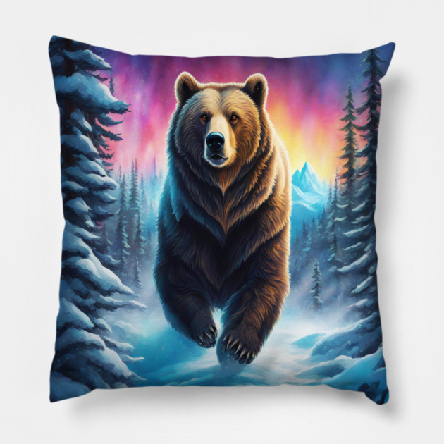 Grizzly Bear In Snow Covered Forests Pillow by BirdsnStuff