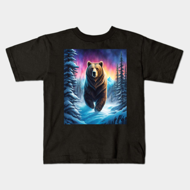 Grizzly Bear In Snow Covered Forests Kids T-Shirt by BirdsnStuff