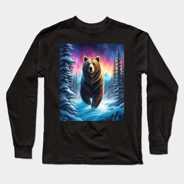 Grizzly Bear In Snow Covered Forests Long Sleeve T-Shirt by BirdsnStuff