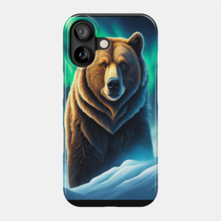 Grizzly Bear in Snow Corvered Forest With Northern Lights Phone Case