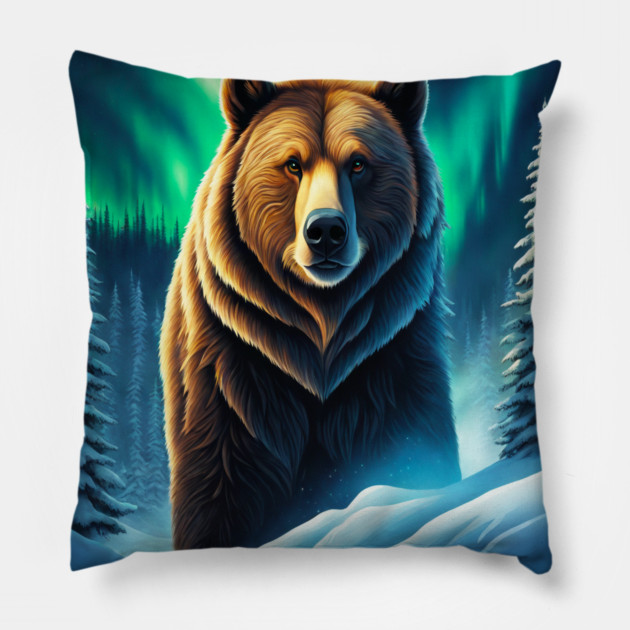 Grizzly Bear in Snow Corvered Forest With Northern Lights Pillow by BirdsnStuff
