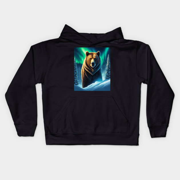Grizzly Bear in Snow Corvered Forest With Northern Lights Kids Hoodie by BirdsnStuff