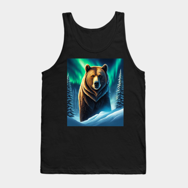 Grizzly Bear in Snow Corvered Forest With Northern Lights Tank Top by BirdsnStuff