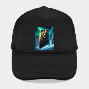 Grizzly Bear in Snow Corvered Forest With Northern Lights Hat