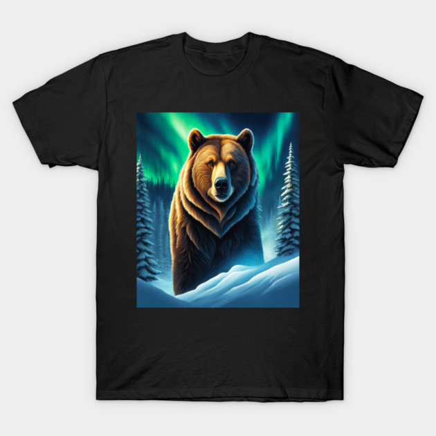 Grizzly Bear in Snow Corvered Forest With Northern Lights T-Shirt by BirdsnStuff