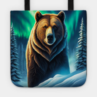 Grizzly Bear in Snow Corvered Forest With Northern Lights Tote