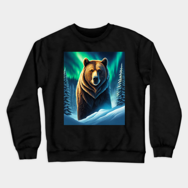 Grizzly Bear in Snow Corvered Forest With Northern Lights Crewneck Sweatshirt by BirdsnStuff