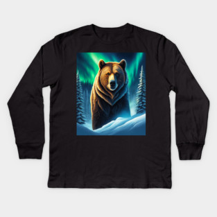 Grizzly Bear in Snow Corvered Forest With Northern Lights Kids Long Sleeve T-Shirt