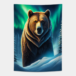 Grizzly Bear in Snow Corvered Forest With Northern Lights Tapestry