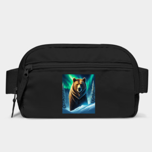 Grizzly Bear in Snow Corvered Forest With Northern Lights Bag
