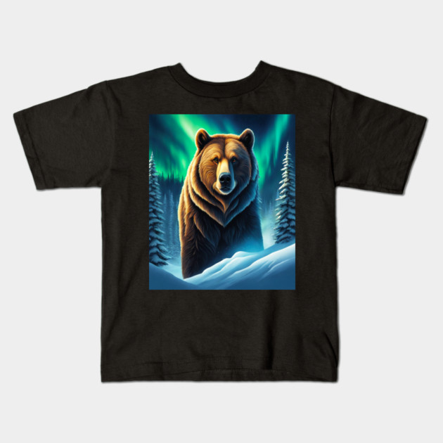 Grizzly Bear in Snow Corvered Forest With Northern Lights Kids T-Shirt by BirdsnStuff