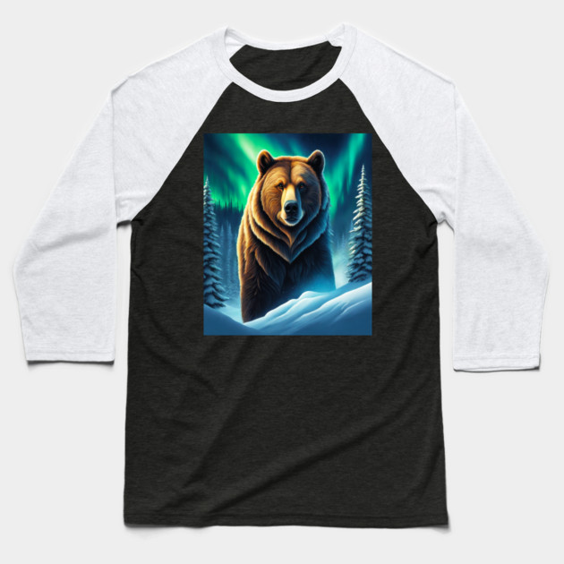 Grizzly Bear in Snow Corvered Forest With Northern Lights Baseball T-Shirt by BirdsnStuff