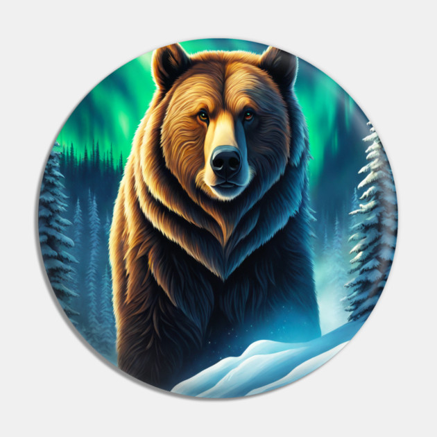 Grizzly Bear in Snow Corvered Forest With Northern Lights Pin by BirdsnStuff