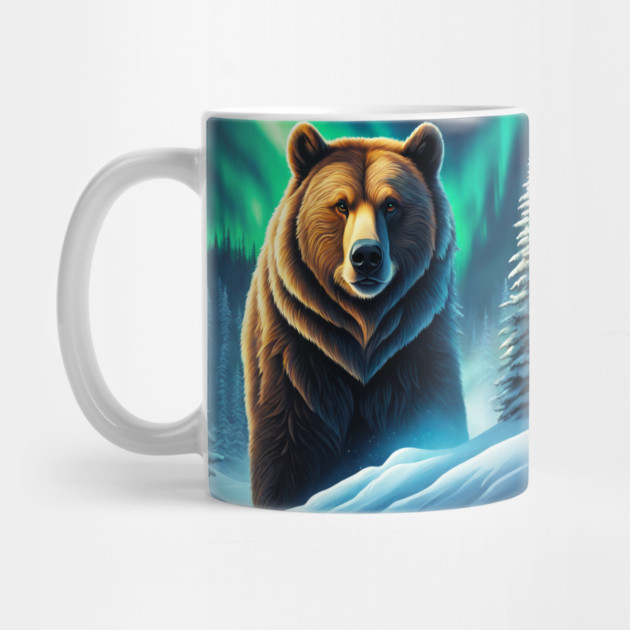 Grizzly Bear in Snow Corvered Forest With Northern Lights by BirdsnStuff